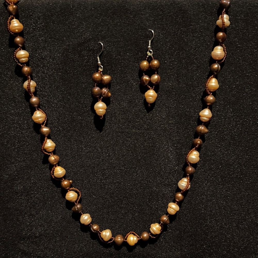 Handmade Elegant Brown pearls and Beaded Necklace and Earring Set